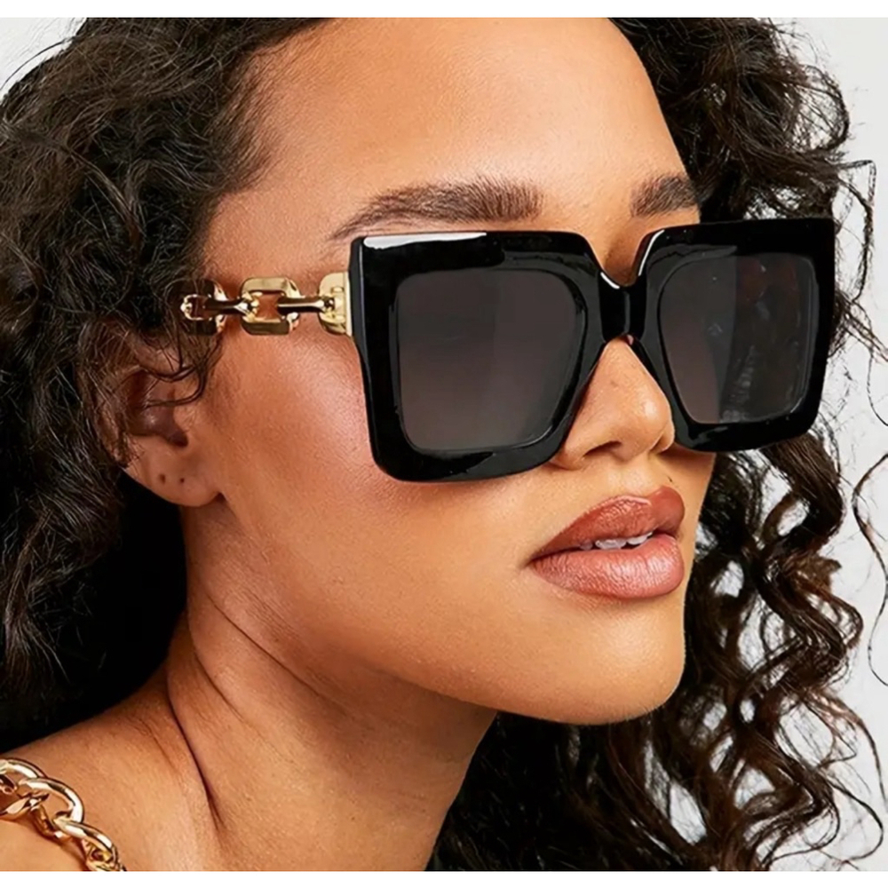 Chunky Black Square Sunglasses with Gold Chain Temples
